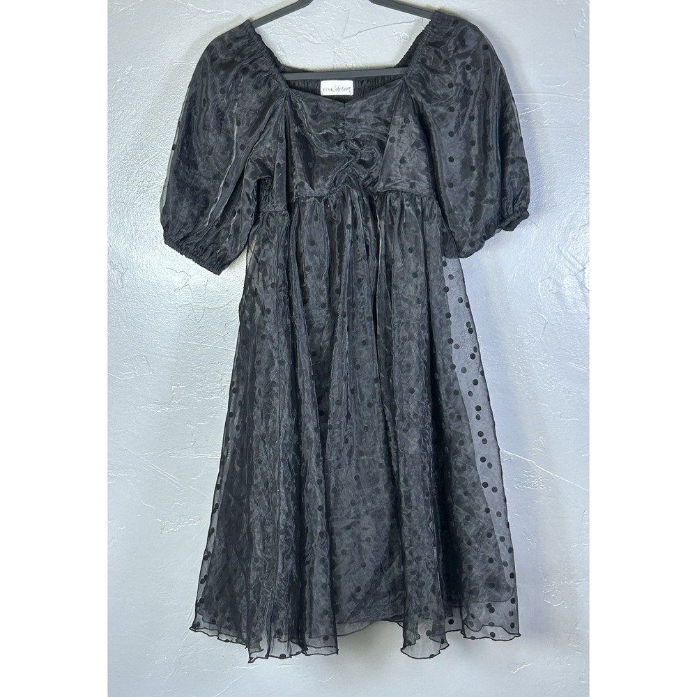 Black Polka Dot Knee Length Modest Babydoll Dress Size S Puff Sleeves Organza